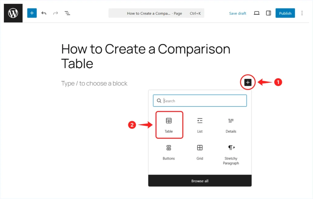 Adding Table Block