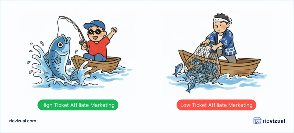High ticket vs low ticket affiliate marketing fishing illustration