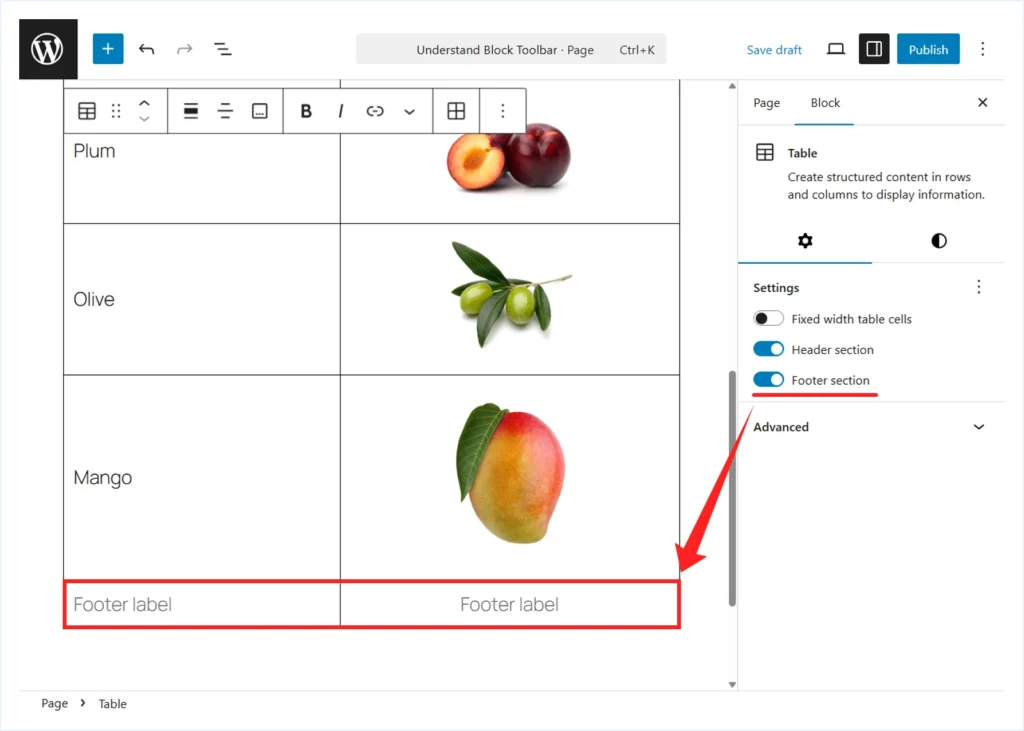 Enable Footer Table Block