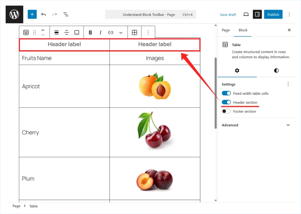 Enable WordPress Table Block Header
