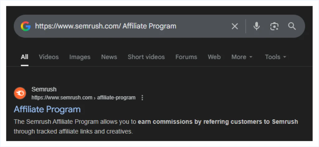 Searching google using company url [space] affiliate program