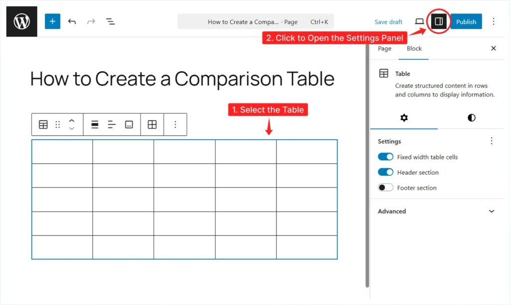 Select the Table and Open Settings Panel