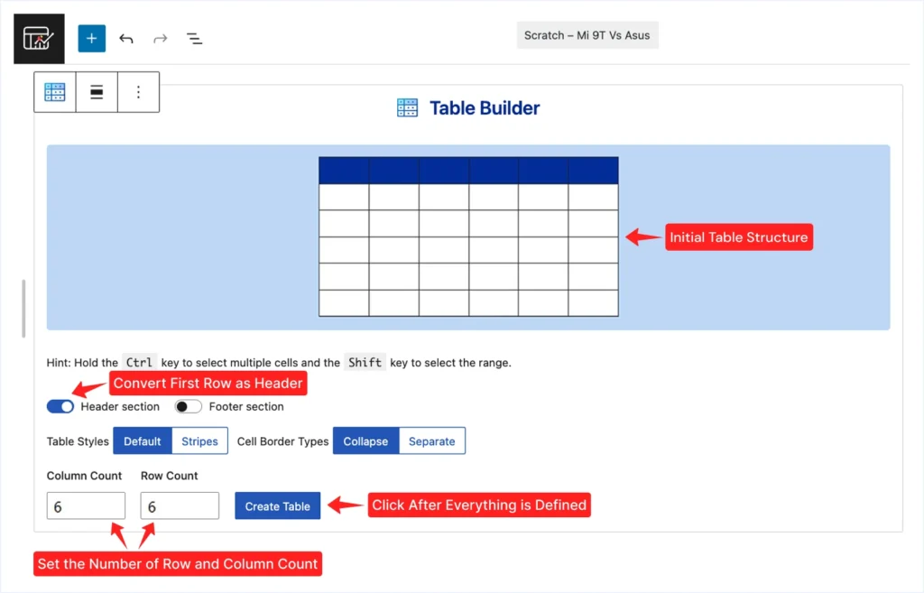 Set the Table Structure using RioVizual