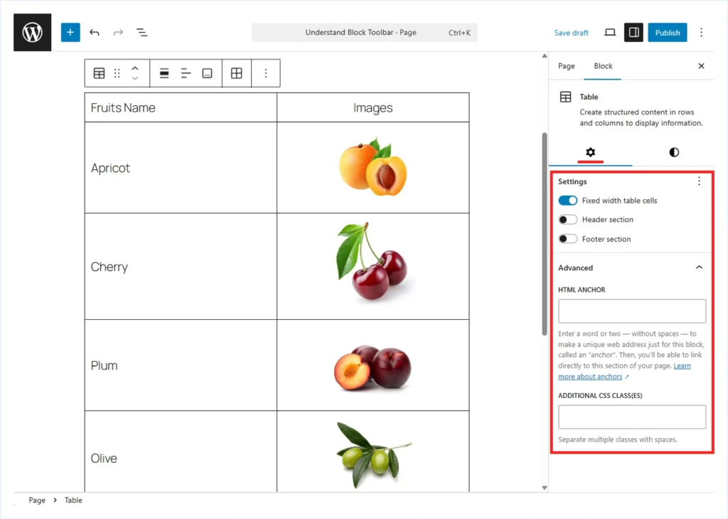 Setting Tab Customization Table Block