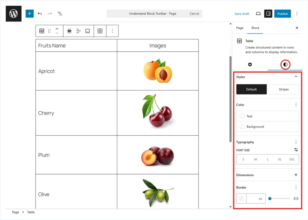 Style tab Customization Table block