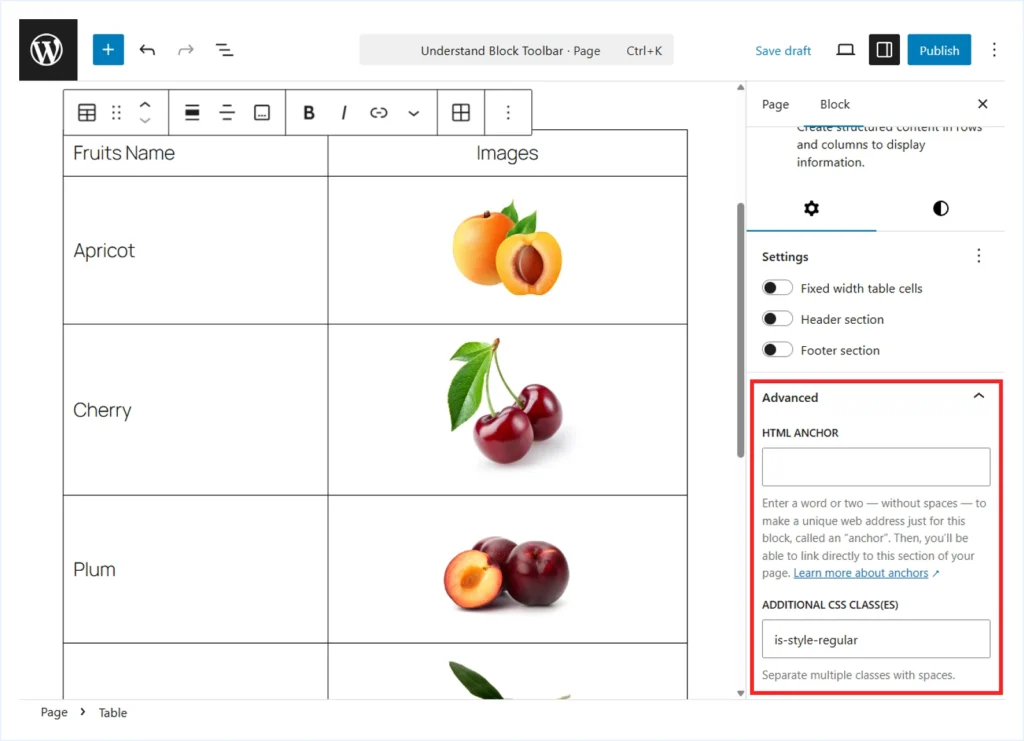 Table Block Advanced Settings