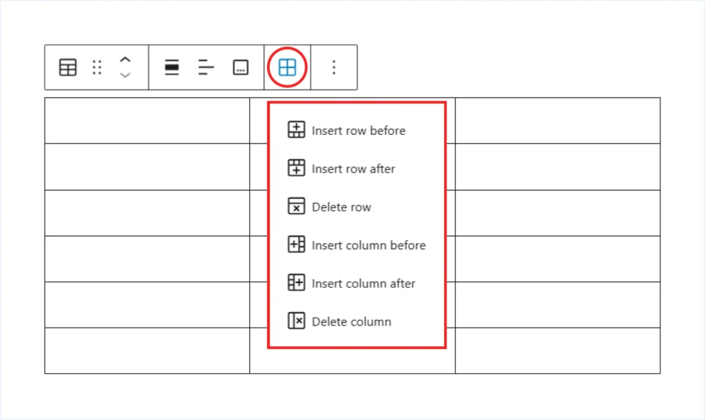 Table Block Edit Table Options
