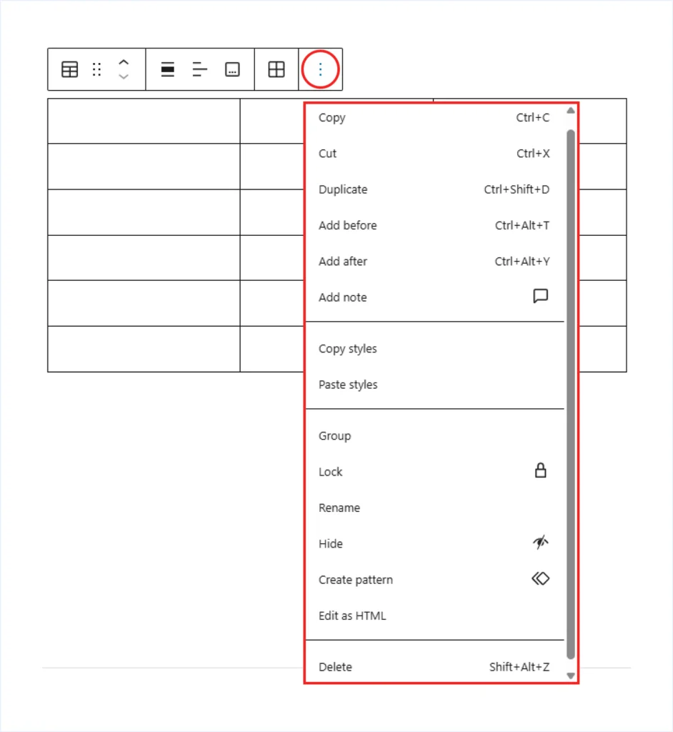 Table Block Three Dot Options