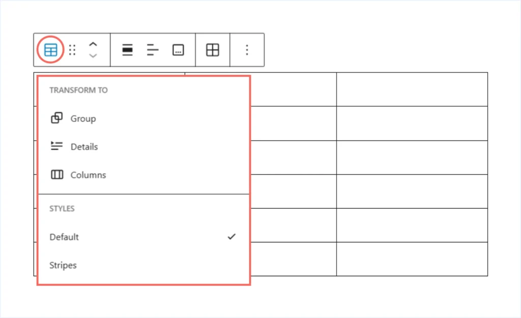 Table Block Transform Options