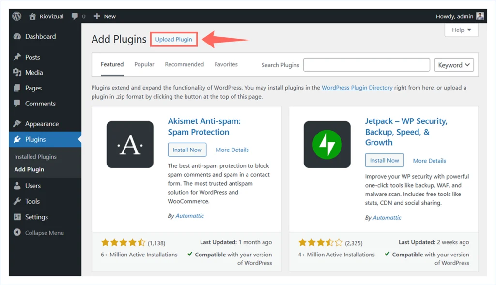 Click Upload Plugin from the WordPress Dashboard