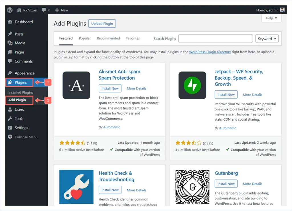 WordPress Dashboard > Plugins > Add Plugins