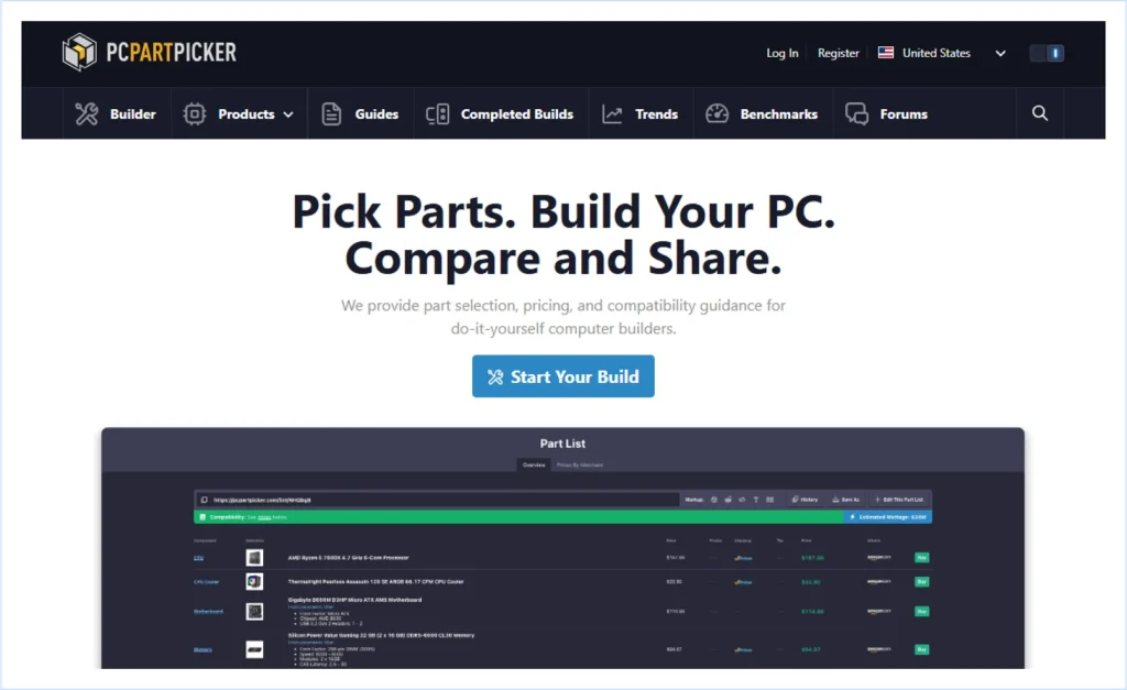 PcPartsPicker Website Homepage