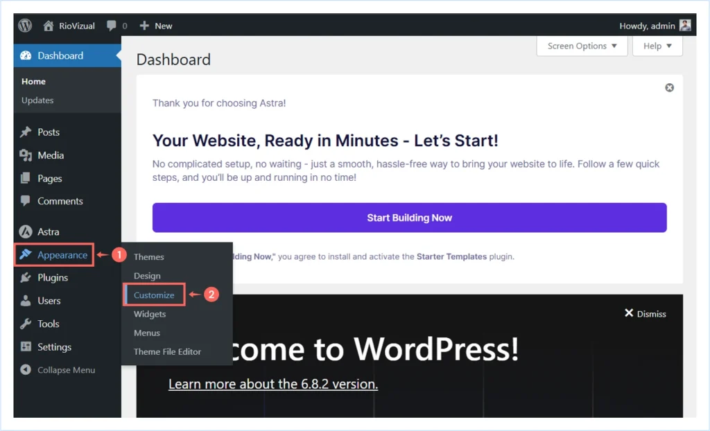 Theme customization settings on WordPress