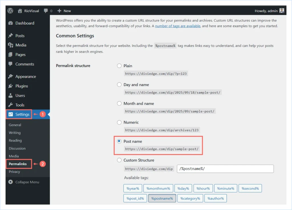 WordPress permalink structure settings