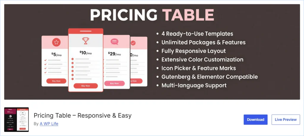 Pricing Table by A WP Life